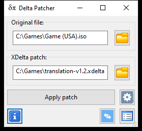 Delta Patcher 3.1.6 running on Windows in patch application mode, with an original file and a .xdelta patch selected above the Apply patch button